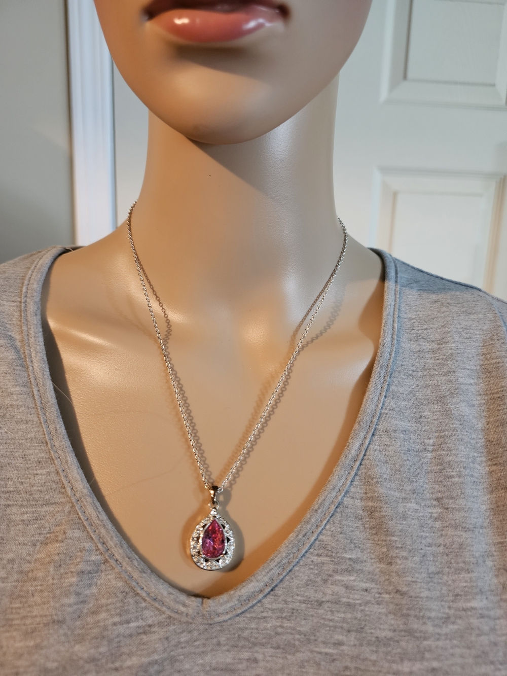 Silver Teardrop Necklace with Pink Center Stone
